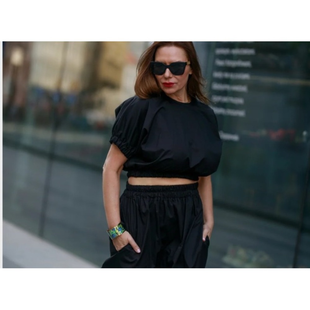 Monica Nera Womens Sz S Black Crop Capri Top Elastic Bottom Tie Back $279 NWOT